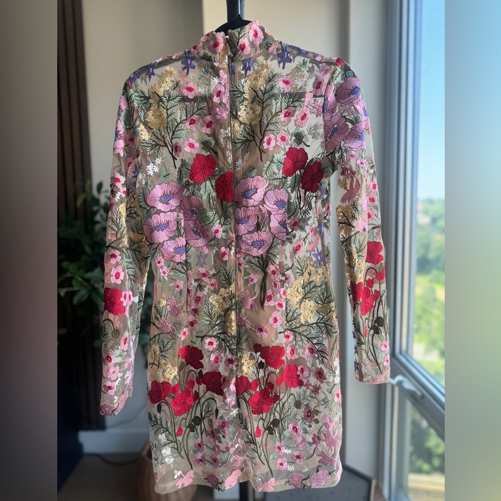 Fashion Nova Floral Embroidered Mesh Mini Dress Nude Long Sleeve Size M NWT - Picture 4 of 5